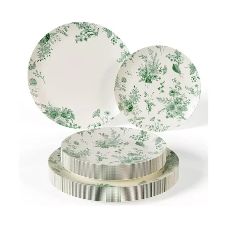 Plastic Disposable Plate Set 20 x 8" and 20 x 10" Green and Ivory Verdure Disposable Wedding Plate Set