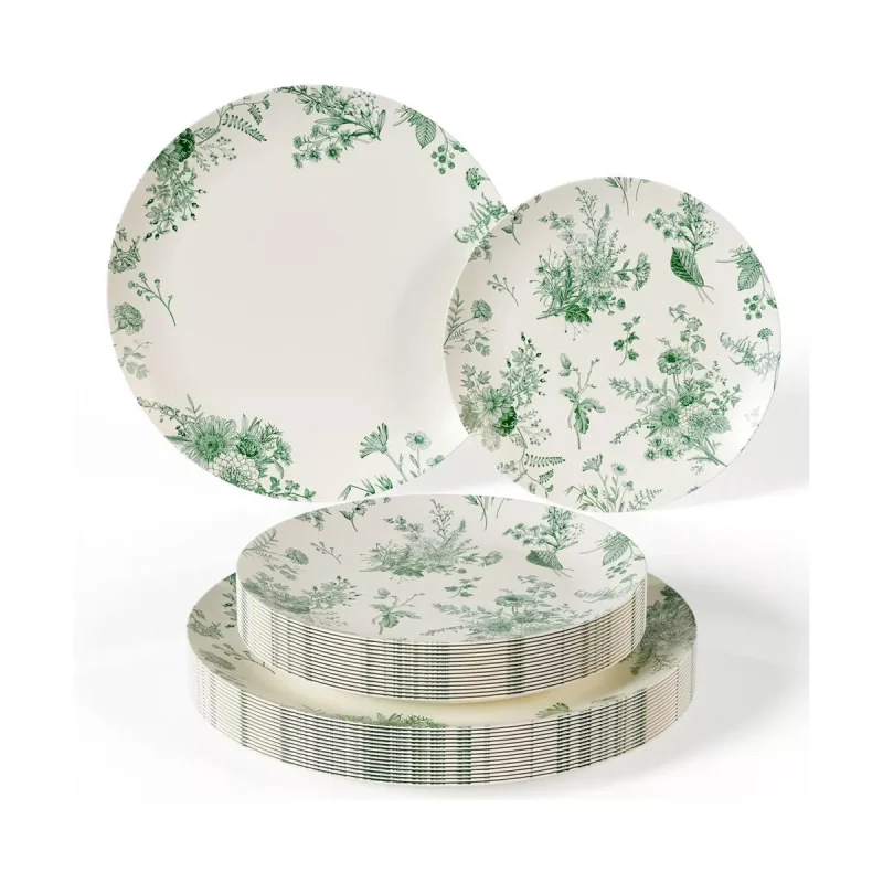 Plastic Disposable Plate Set 20 x 8" and 20 x 10" Green and Ivory Verdure Disposable Wedding Plate Set