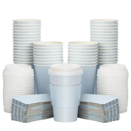 Sparkle and Bash Set of 48 Disposable Insulated Paper Coffee Cups with Lids & Sleeves for Hot Drinks, 16oz, Light Blue