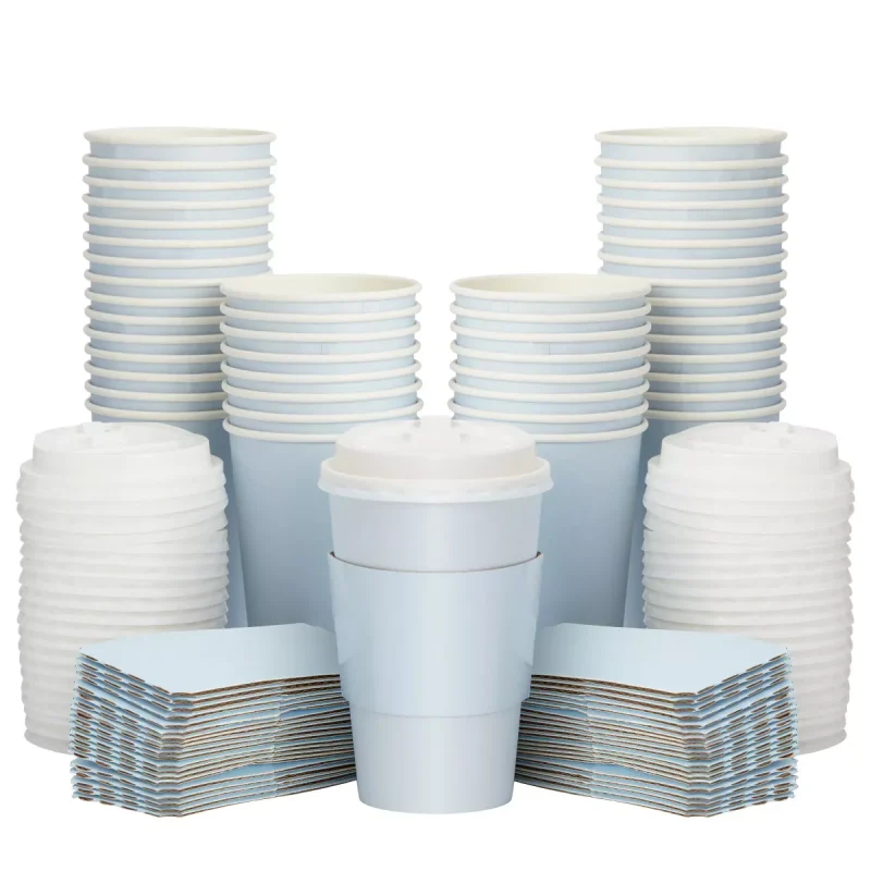 Sparkle and Bash Set of 48 Disposable Insulated Paper Coffee Cups with Lids & Sleeves for Hot Drinks, 16oz, Light Blue